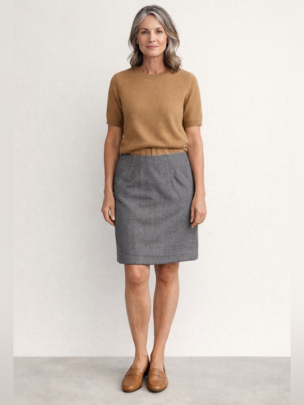 EUC Ann Taylor Loft SZ 6P gray skirt w/brown ribbon waistband/rear exposed zip